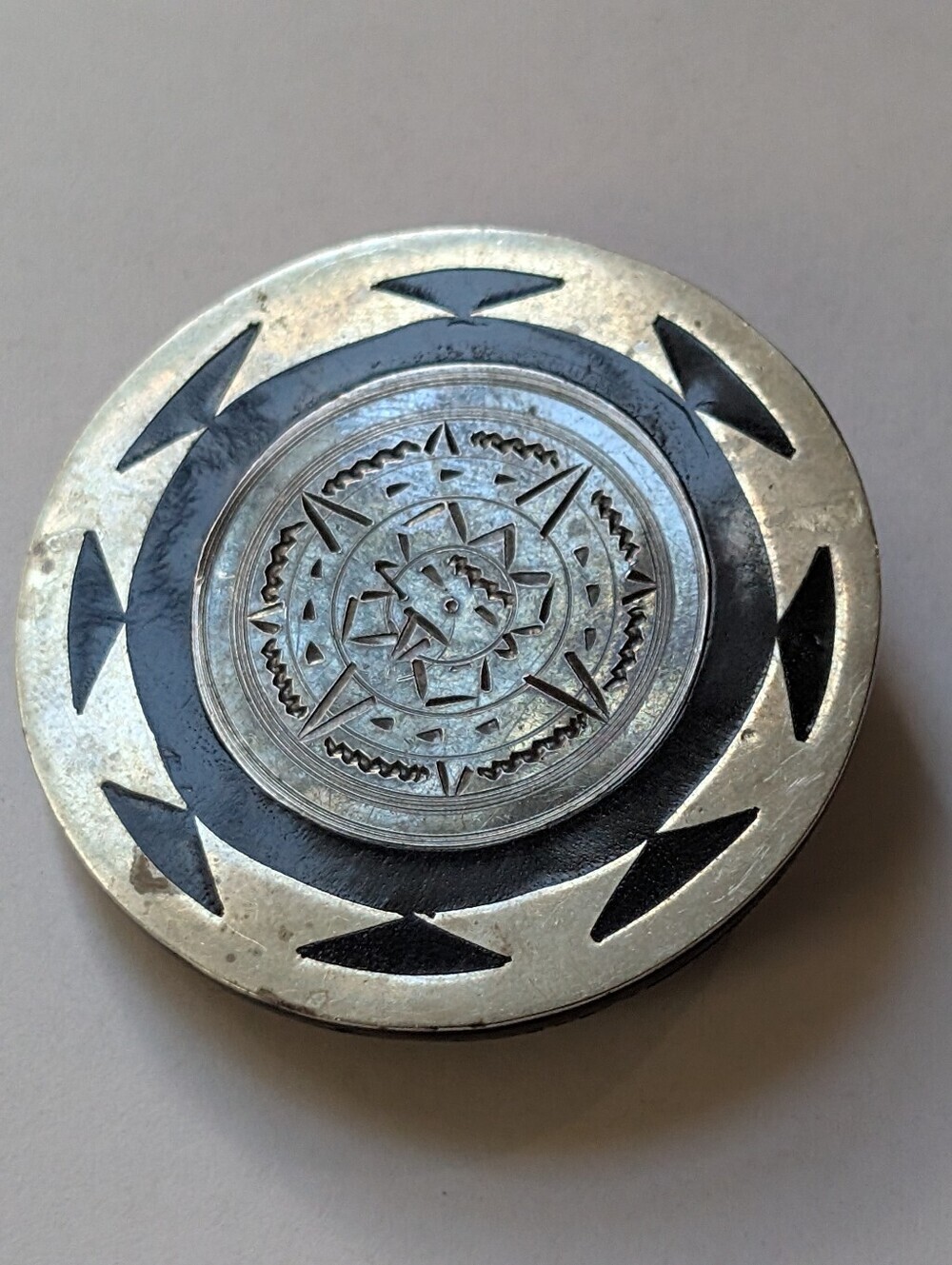 Vintage Mexican Sterling Silver Aztec Calendar Brooch Pin Black Enamel 925